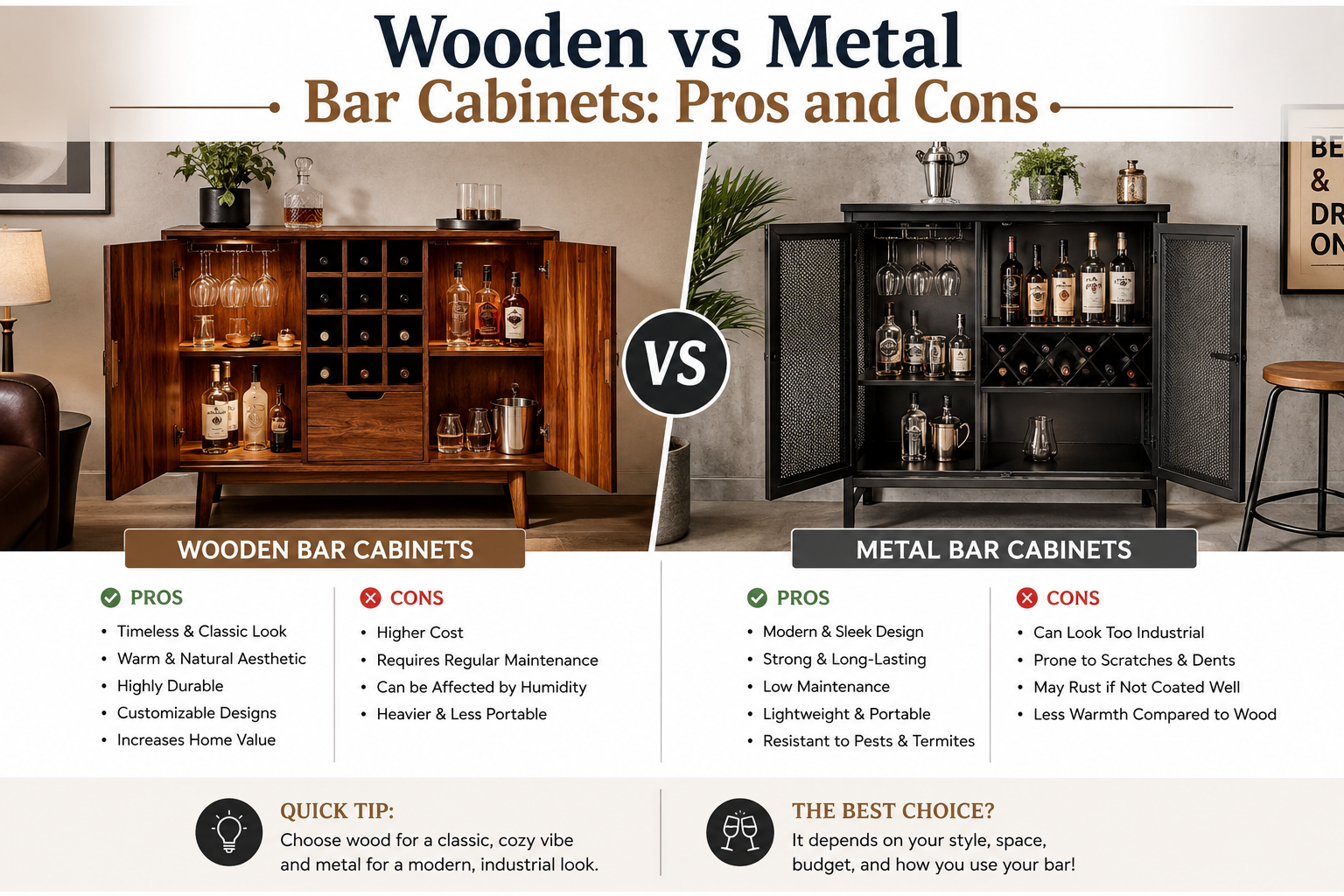 Wooden vs Metal Bar Cabinets: Pros and Cons