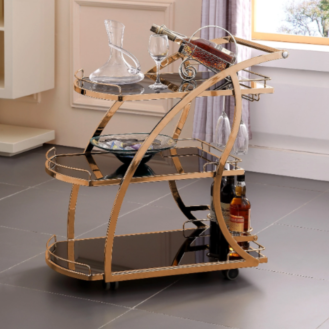 Modern gold bar trolley with glass shelves Australia