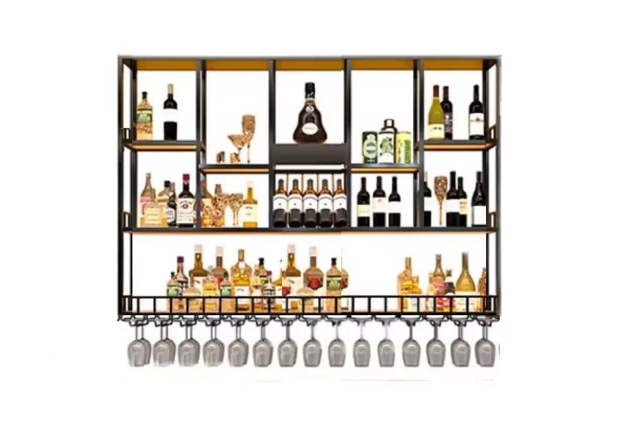 Close-up of integrated stemware rack on wall-mounted bar shelf, holding multiple wine glasses.