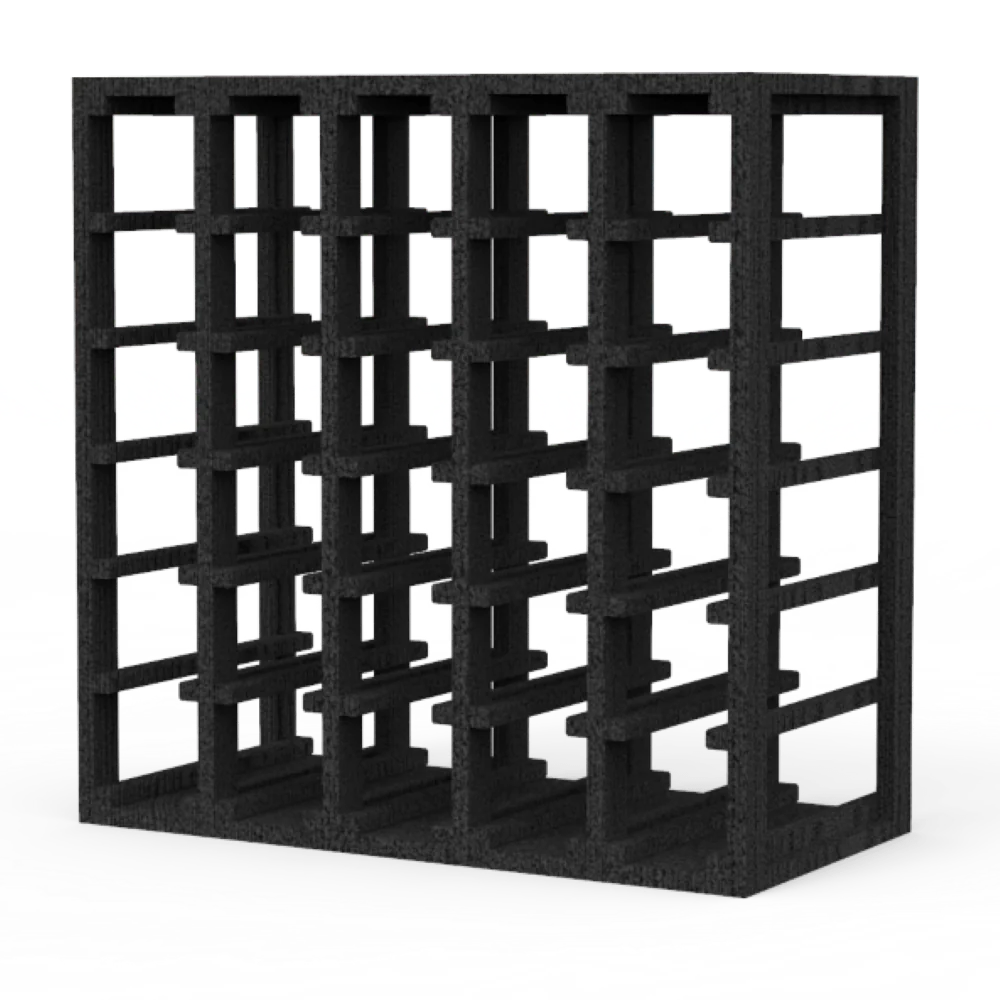 30 Bottle Lattice Wine Cube. Crafted from premium FSC® Certified New Zealand Pine, this modular wine rack boasts a sleek Black Onyx finish that adds a touch of sophistication to any space.