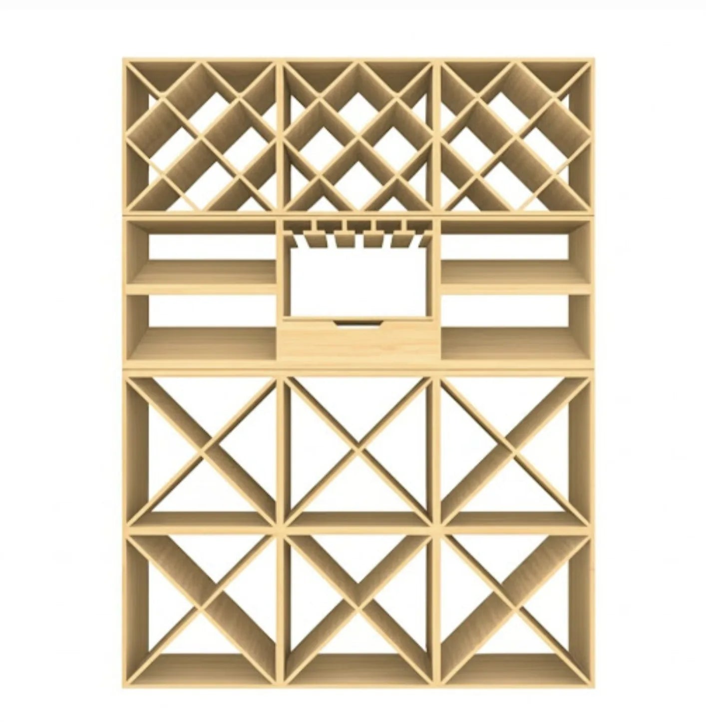 Store up to 358 bottles in style with our premium wooden wine rack set. Features diamond, X-cubes, shelving, stemware rack, and drawer. Perfect for wine collectors.