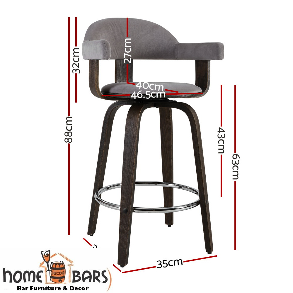 Set of 2 Bar Stools Wooden Swivel Bar Stool Kitchen Dining Chair - Wood, Chrome and Grey