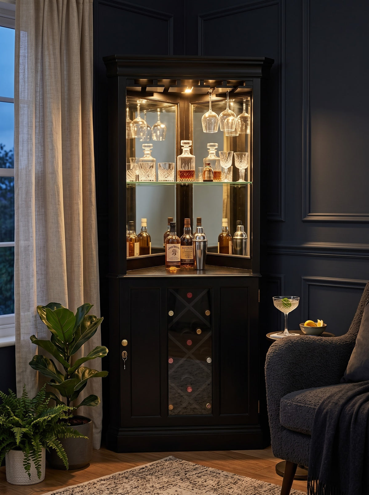 A tall black corner bar cabinet with glass doors, illuminated shelves, hanging glass holders, and a wine bottle rack, styled in a dark navy room with plants and an armchair.