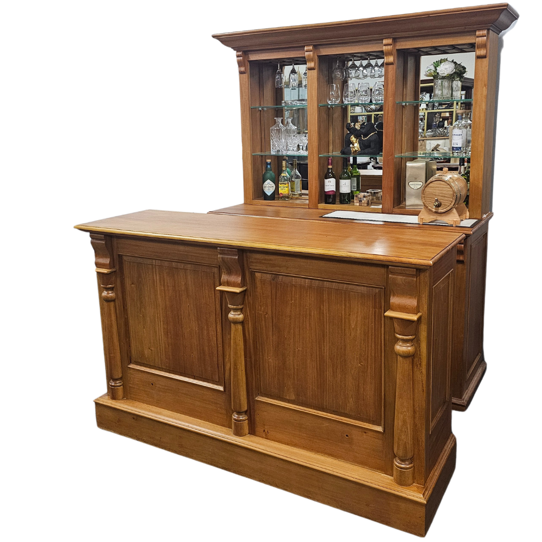 English Mahogany Pub Bar with Back Display and Fridge Storage