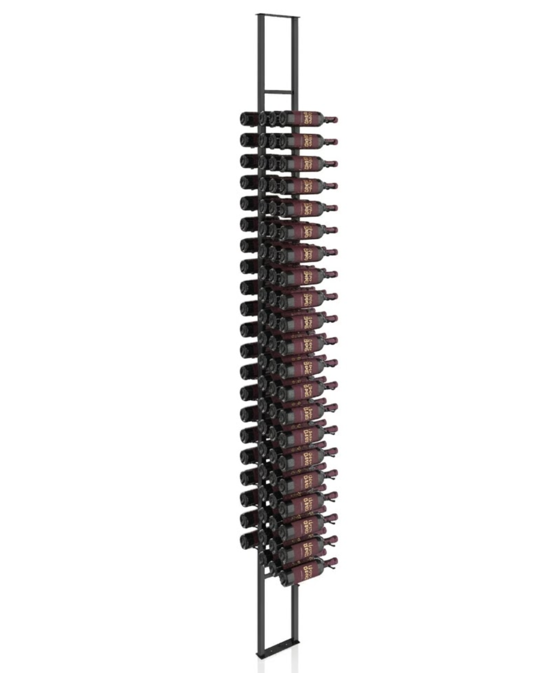A tall black metal wall-mounted wine rack holding multiple bottles of wine horizontally, shown against a plain white background.