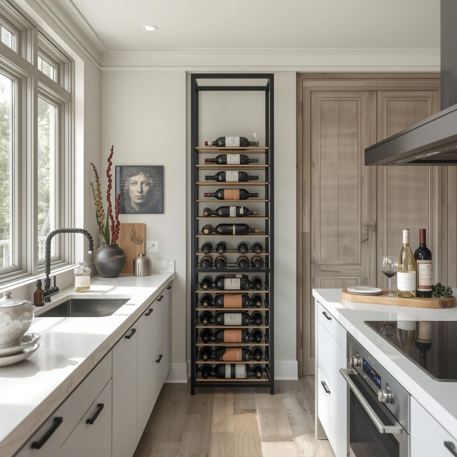Modern kitchen with wine rack against a wall