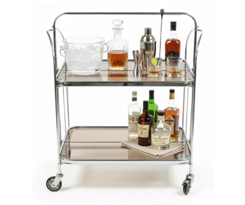 Gatsby Bar Cart Chrome with foldable metal frame and tempered glass shelves