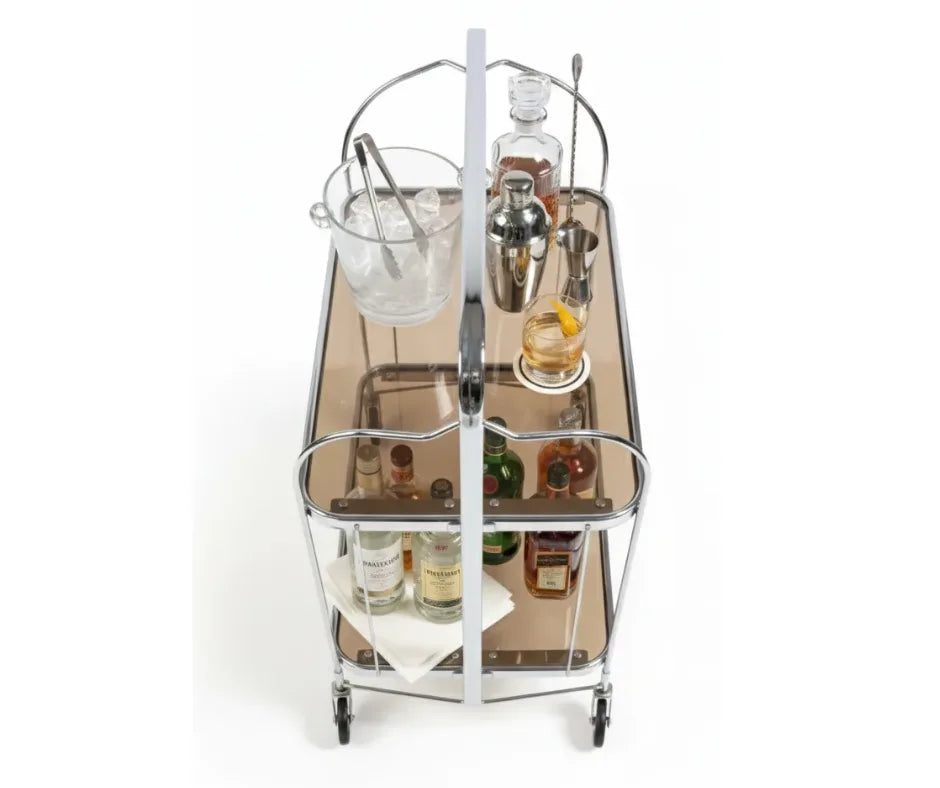 Gatsby Bar Cart Chrome with foldable metal frame and tempered glass shelves