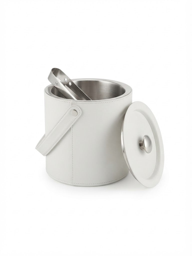 Full Grain Leather Wrapped Double Wall Ice Bucket with Tongs - White