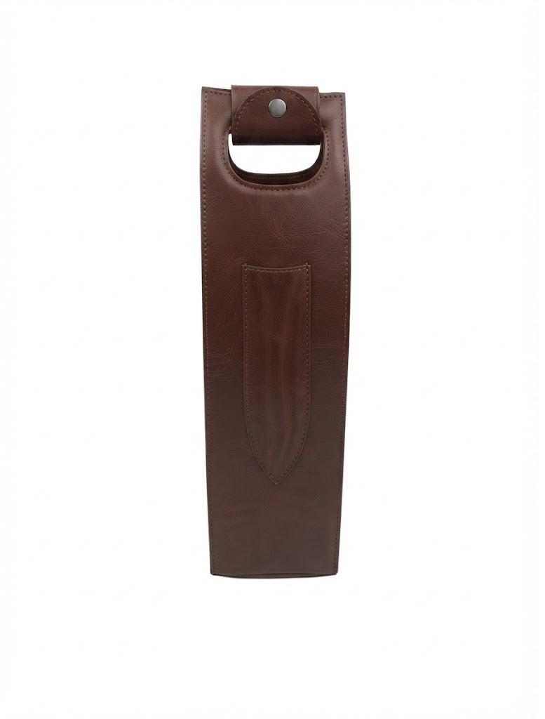 A dark brown leather sleeve or holder with a top loop and a front pocket, shown flat against a plain white background.