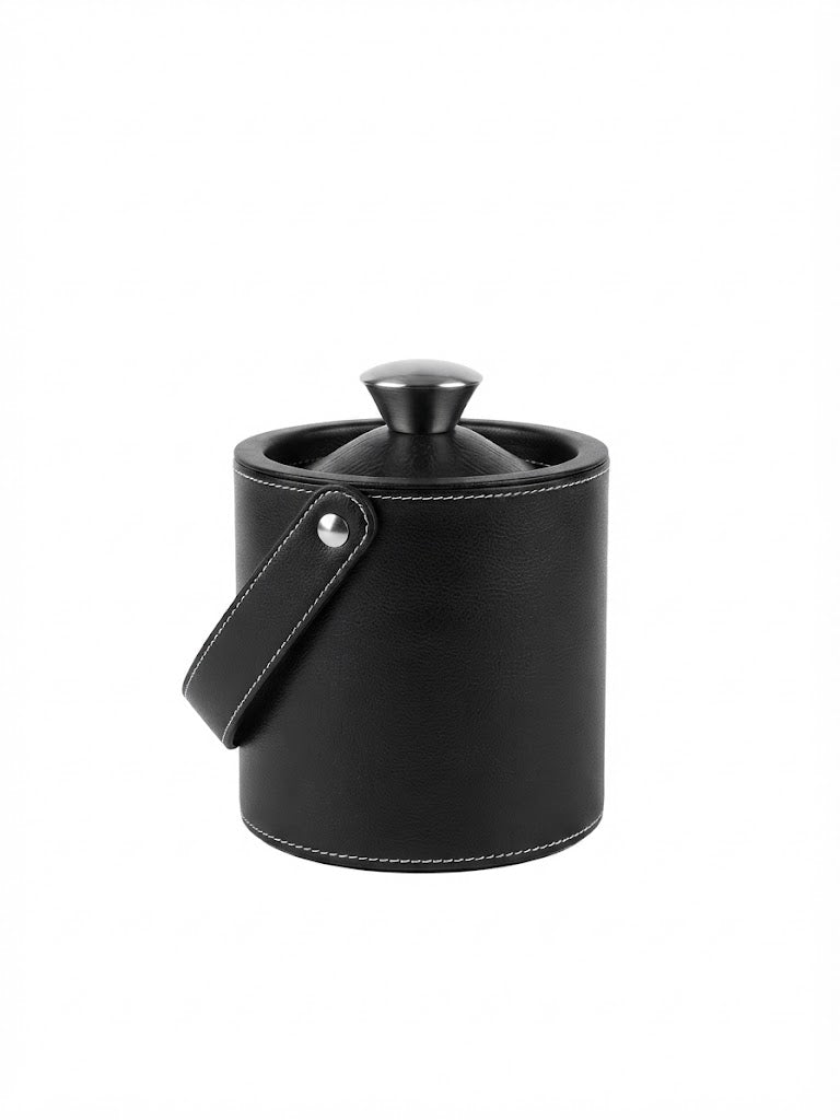 A black top grain leather ice bucket with a matching black lid and a small handle.