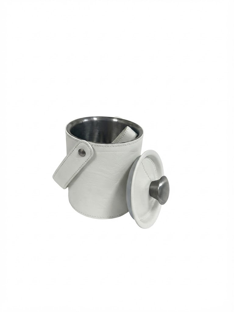 A white leather insulated cup sleeve with a matching lid, featuring a stainless steel inner cup, shown on a plain white background.