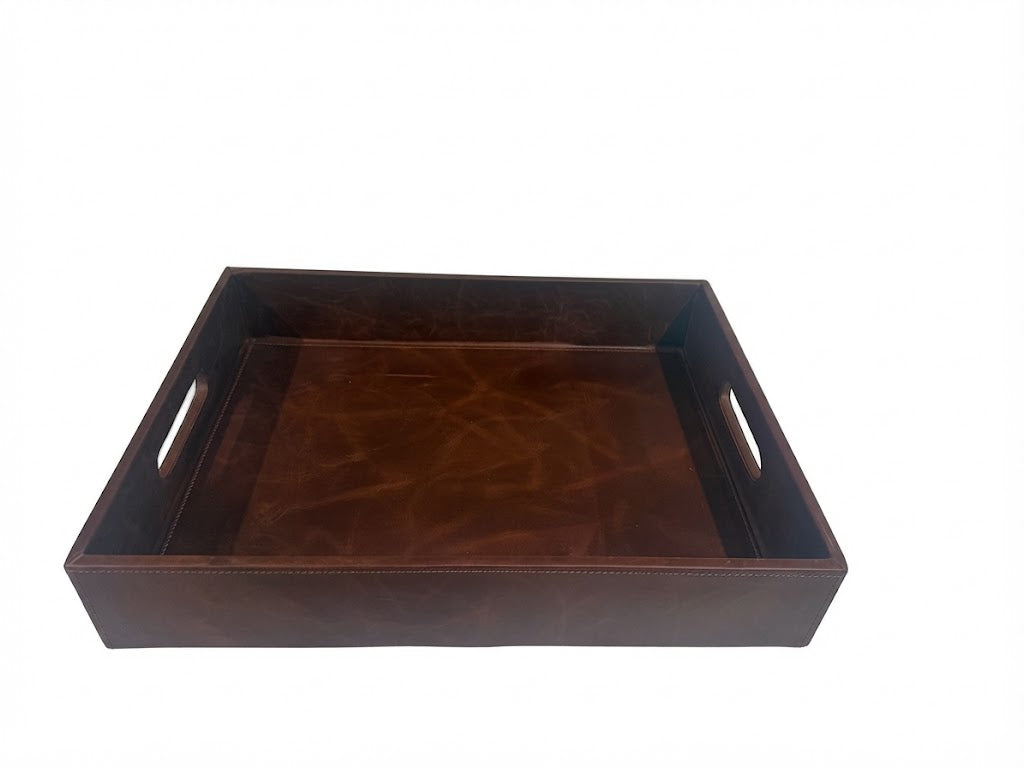 Handcrafted full grain leather serving tray in dark brown measuring 42cm by 31.8cm for coffee table decor