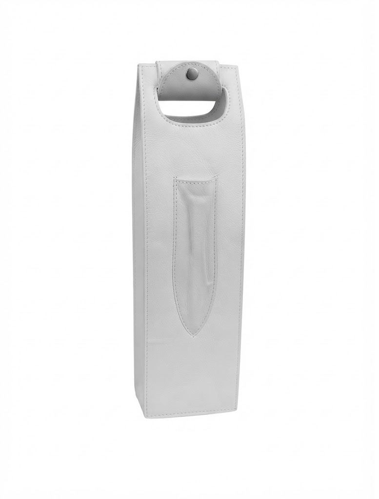 A white top grain gunine leather wine bottle carrier with a top carrying handle and a front slip pocket, shown on a plain white background.