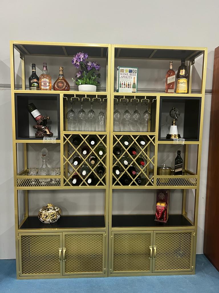 Elegant Milan Gold Bar Cabinet with double doors closed – black wood and gold metal finish