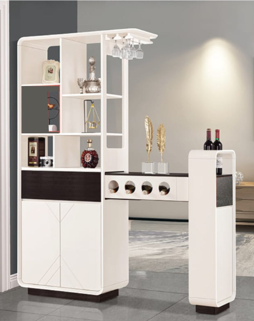 the Expandabar Liquor Cabinet features an extendable bar table, organized glassware storage, bottle holder, and open display shelves. Made from durable HDF with a chic off-white, black, and grey finish, this multifunctional cabinet is perfect for a modern home bar setup.