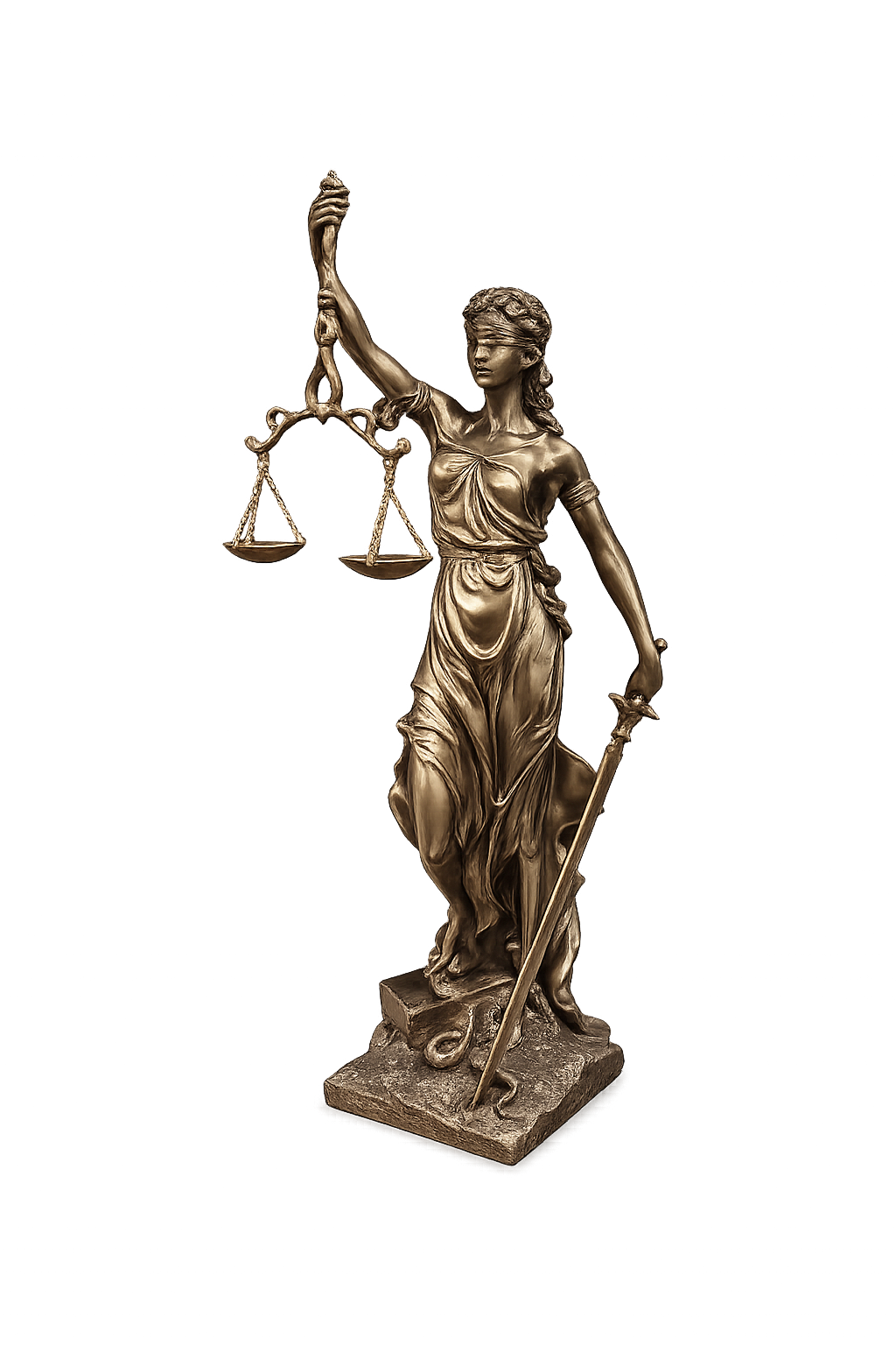 Bronze statue of a woman holding scales and a sword on a white background