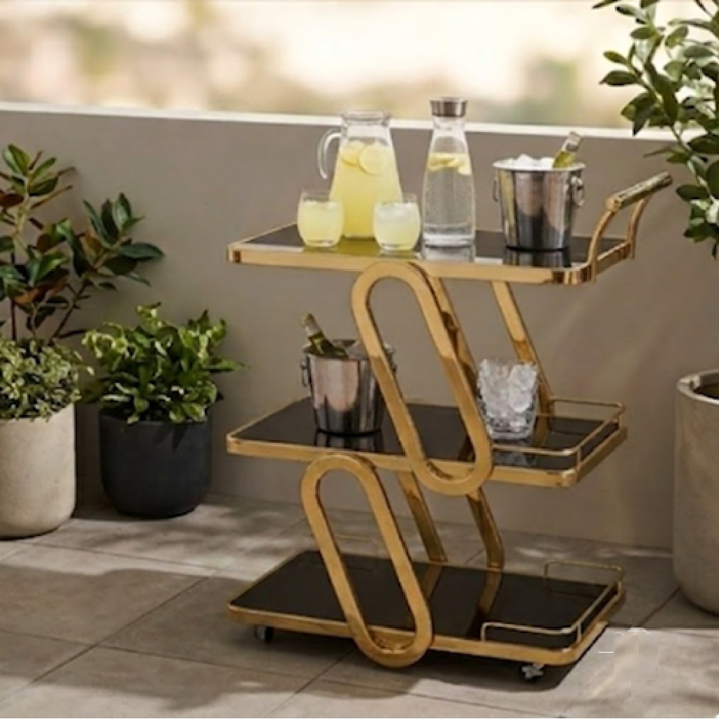 Modern 3-Tier Gold & Black Glass Bar Cart – Luxury Rolling Serving Trolley