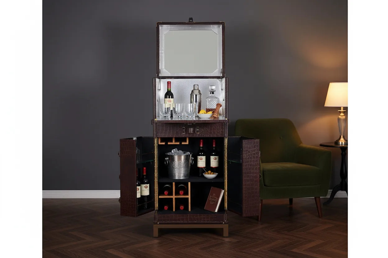 Prestige Martini Crocodile Leather Bar Trunk | Luxury Liquor Cabinet & Wine Storage