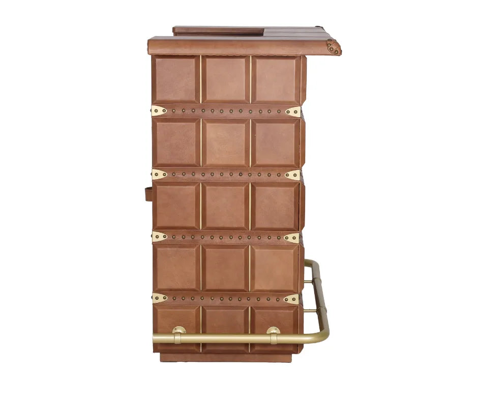 Prestige Leather Bar Counter, closed server side view, showing cabinet doors, top drawer, leather pulls, and campaign style hardware.