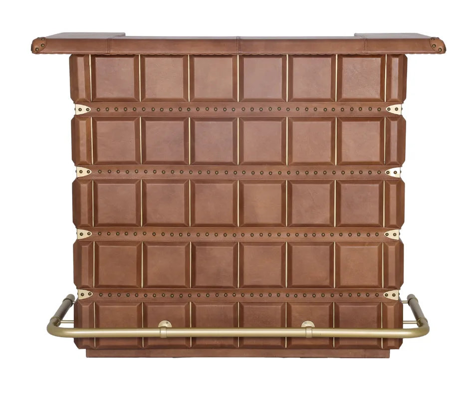 Luxury Campaign Style Leather Bar Counter, front view (closed), showing rich brown paneled leather, brass nailhead detailing, and curved foot rail.