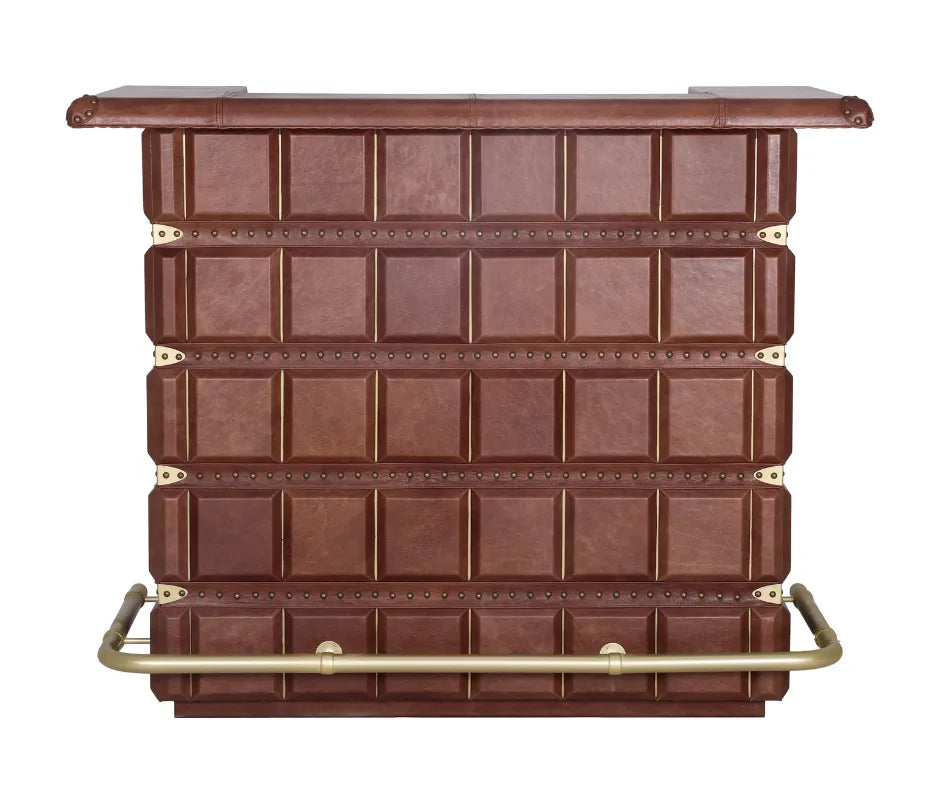 Prestige Leather Bar Counter, closed server side view, showing cabinet doors, top drawer, leather pulls, and campaign style hardware.