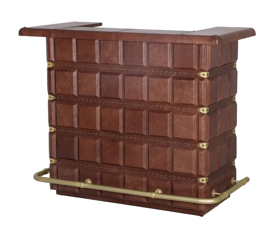 Luxury Campaign Style Leather Bar Counter, front view (closed), showing rich brown paneled leather, brass nailhead detailing, and curved foot rail.