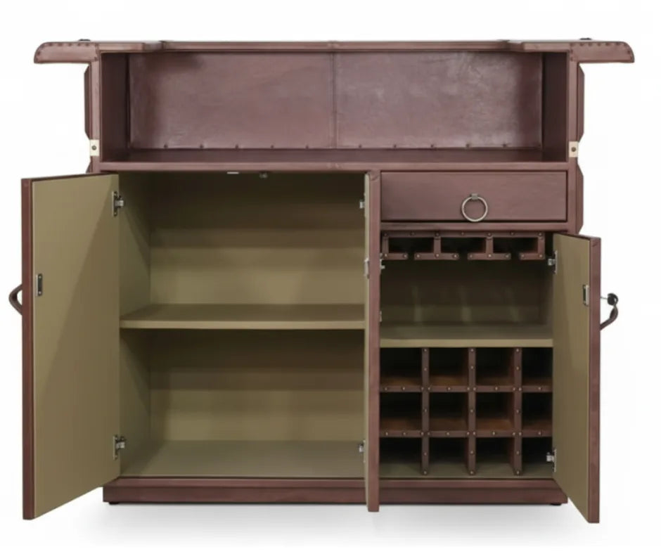 A bar cabinet made of what appears to be dark brown leather, with the doors open, revealing internal storage including shelves, a drawer, and square compartments for bottles.