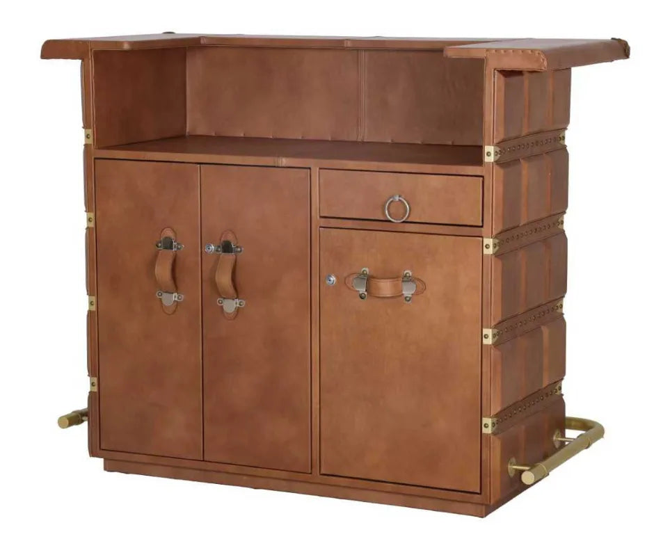 Interior storage view of the Leather Bar Counter, showing open cabinets with shelving, a pull-out drawer, and a dedicated 16-slot wine rack.