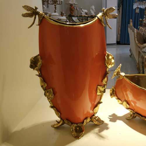 Red Ceramic Vase with Brass motif