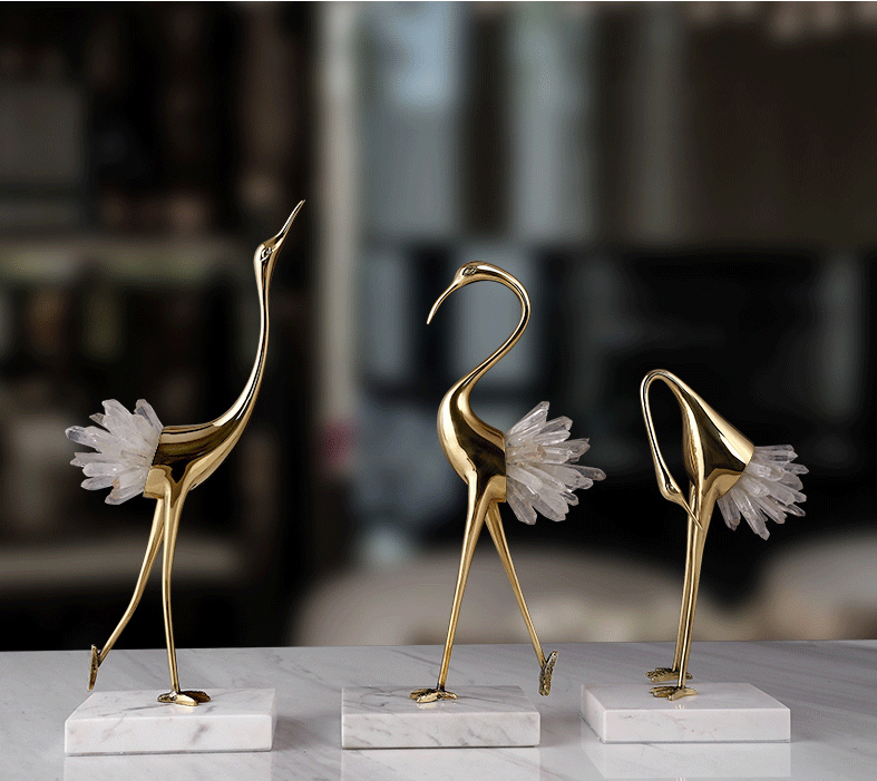 Set of Cranes 3pcs- Brass, Crystal, Marble