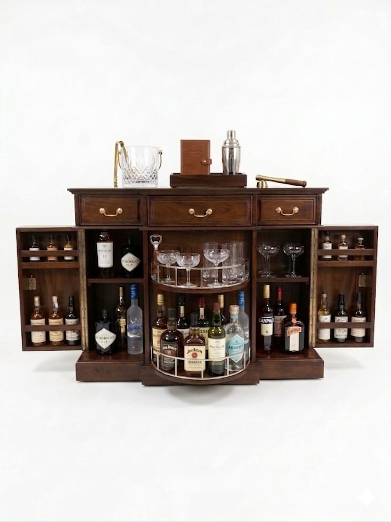 Wooden bar cabinet with liquor bottles and glasses on a white background