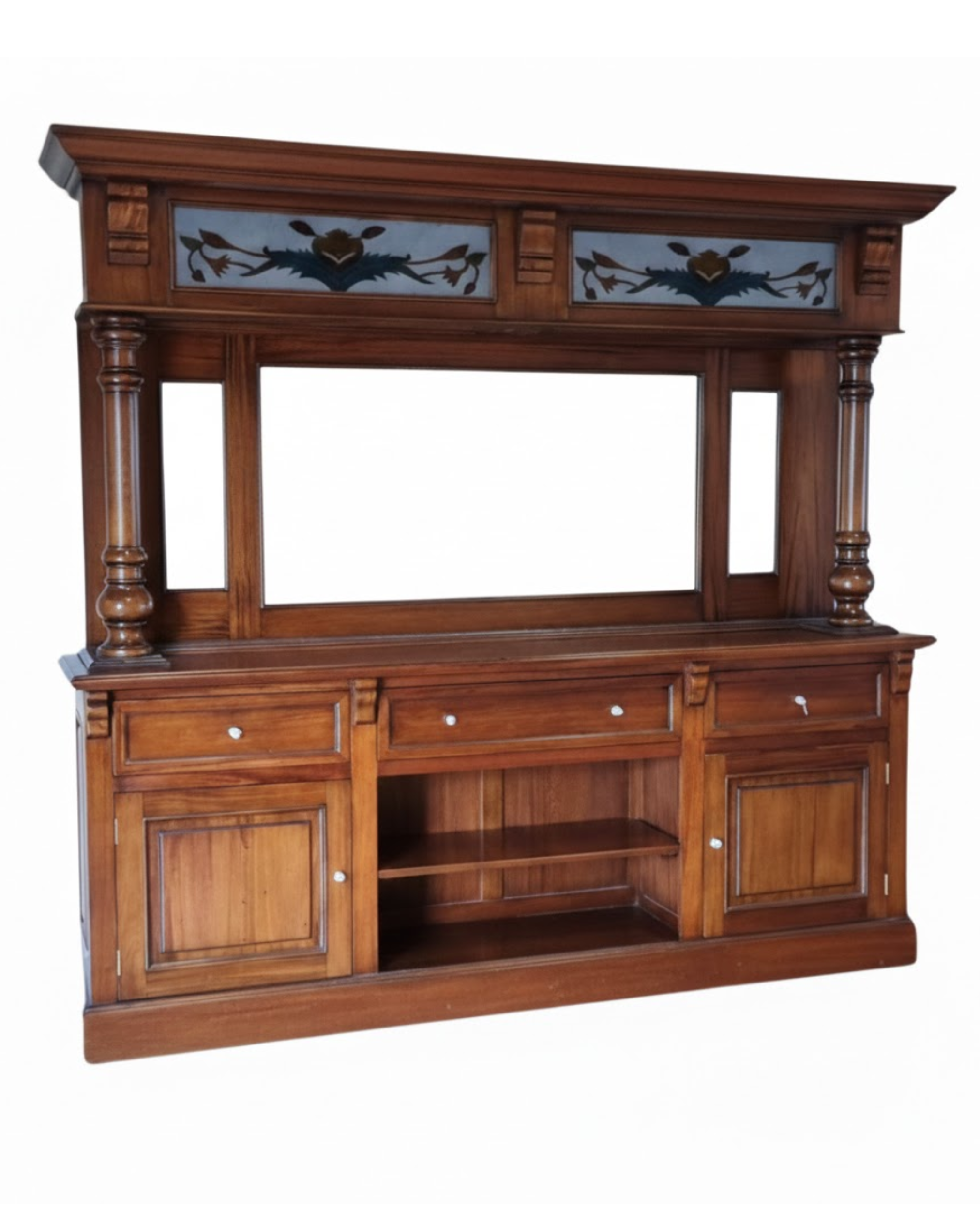 Wooden bar buffet entertainment center with lots of storage for drinks and glassware.