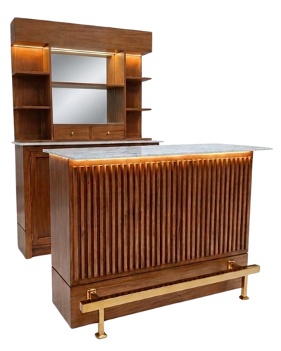 Wooden bar cabinet with mirror and metallic accents on a white background