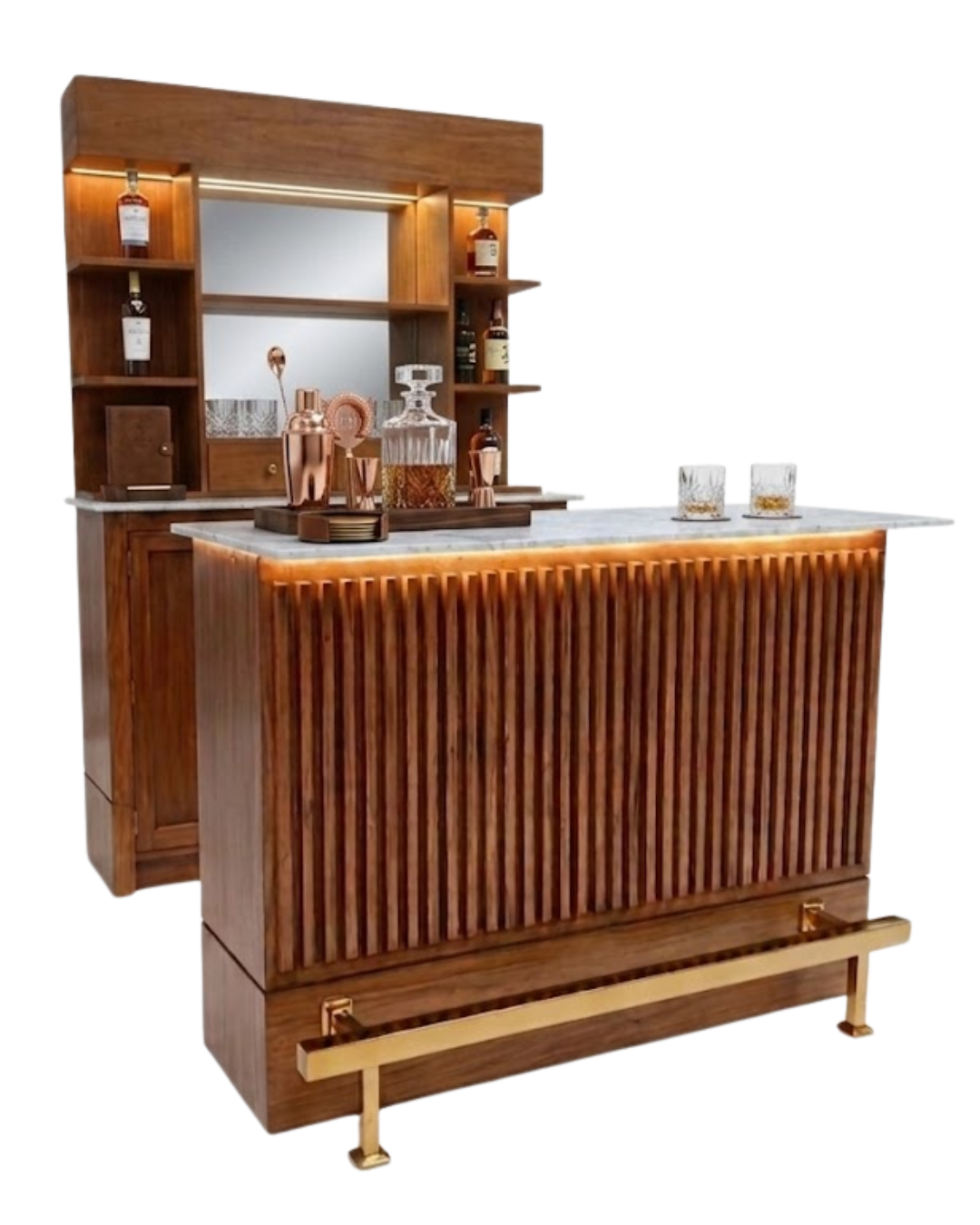 Wooden bar cabinet with shelves and a countertop on a white background