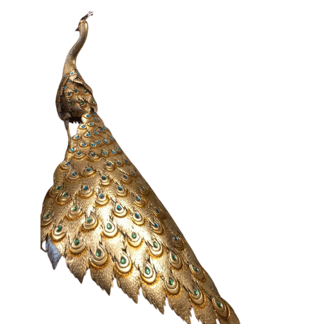 Golden Peacock Metal Statue with emerald eyes adds elegance & vibrancy. Handcrafted, weatherproof, & perfect for gardens, patios & entryways. Shop now!