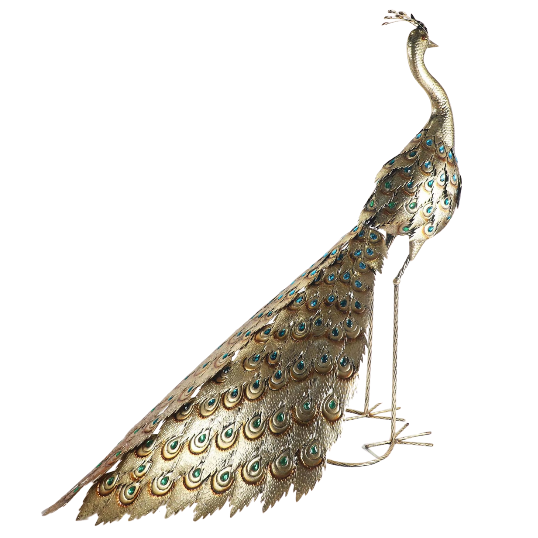 Golden Peacock Metal Statue with Emerald