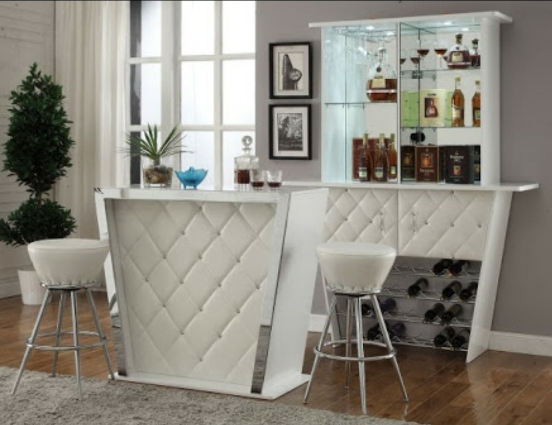 White Sapphire Bar Cabinet and Bar Table Set