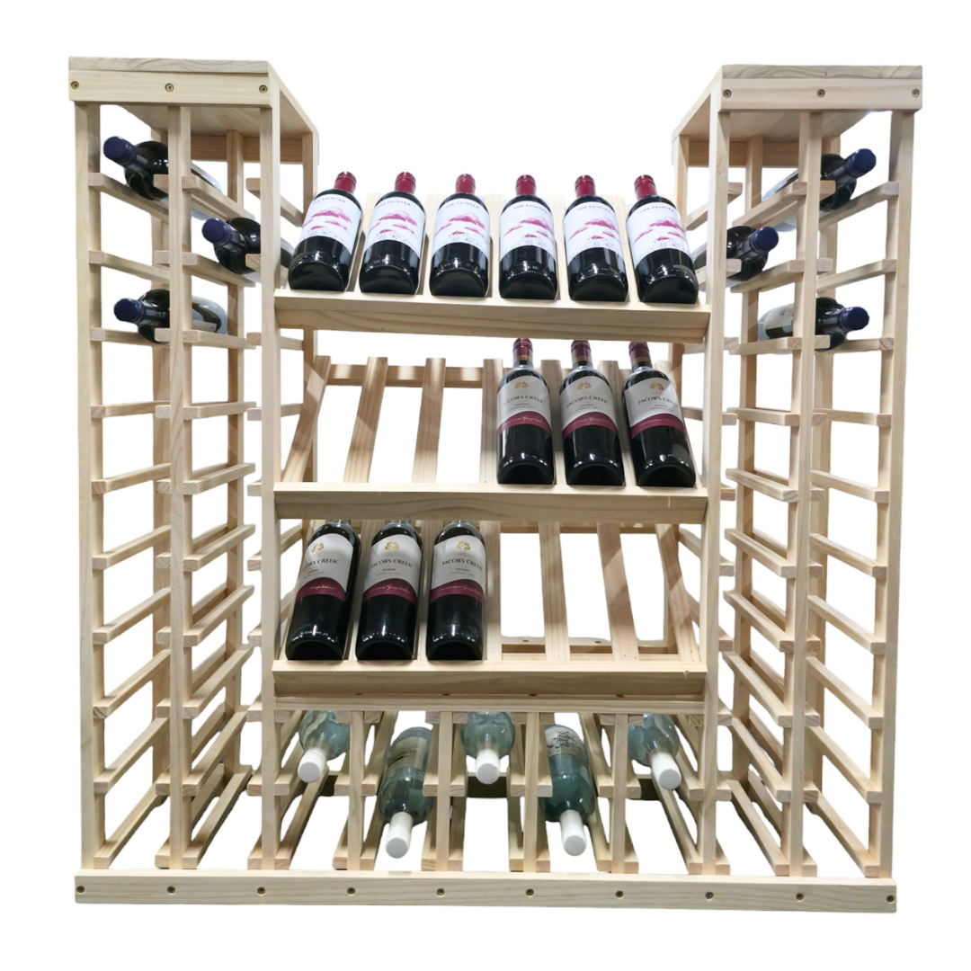 68 bottle wine rack display crafted from Premium Pine Wood. Suitability for both home enthusiasts and commercial use and emphasizes the durability.