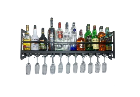 12 Bottles Wall Shelf with Glass Hanger