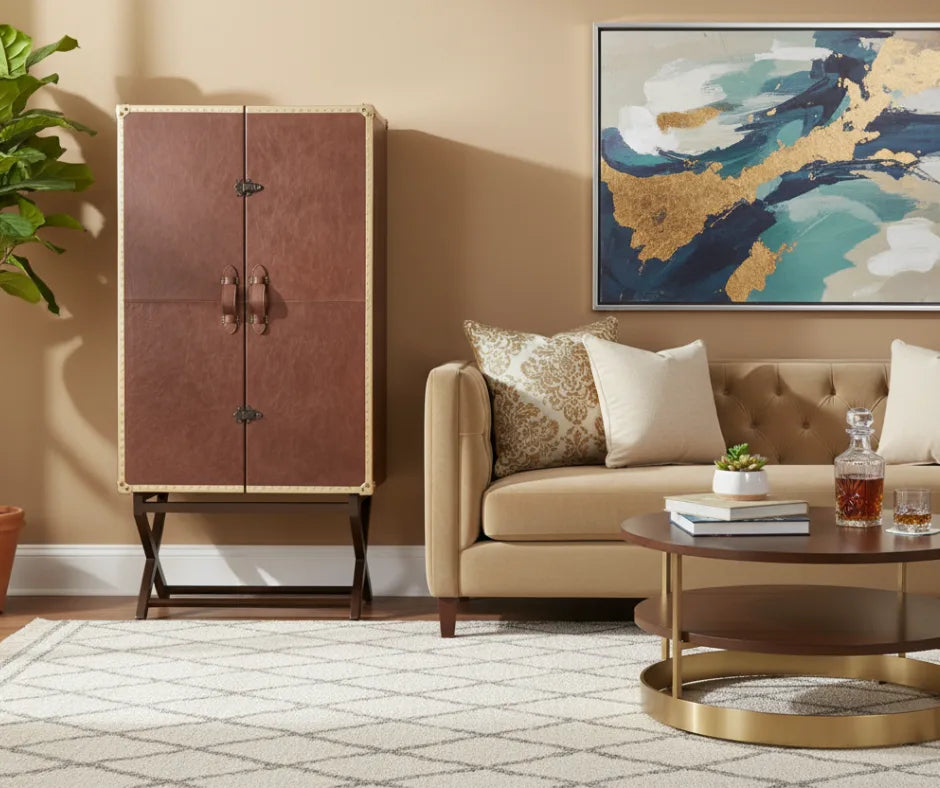 bar cabinet with some beverages and accessories while keeping the bar cabinet itself the same.