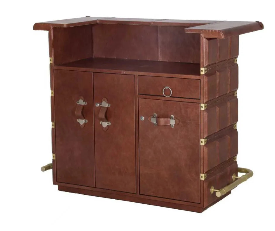 Interior storage view of the Leather Bar Counter, showing open cabinets with shelving, a pull-out drawer, and a dedicated 16-slot wine rack.