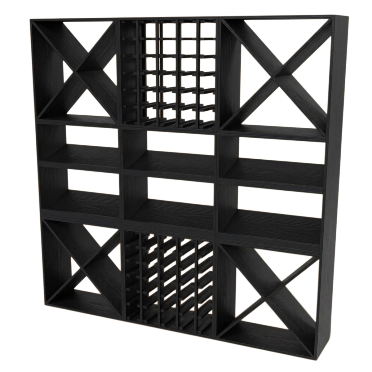 Black wood modular 9-cube wine rack with varied shelving.