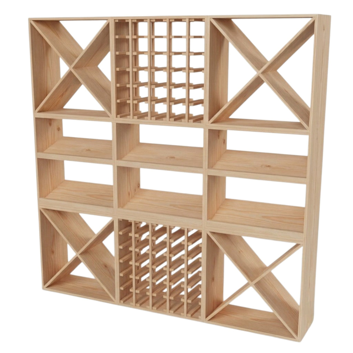 Pine wood modular 9-cube wine rack set with varied shelving.