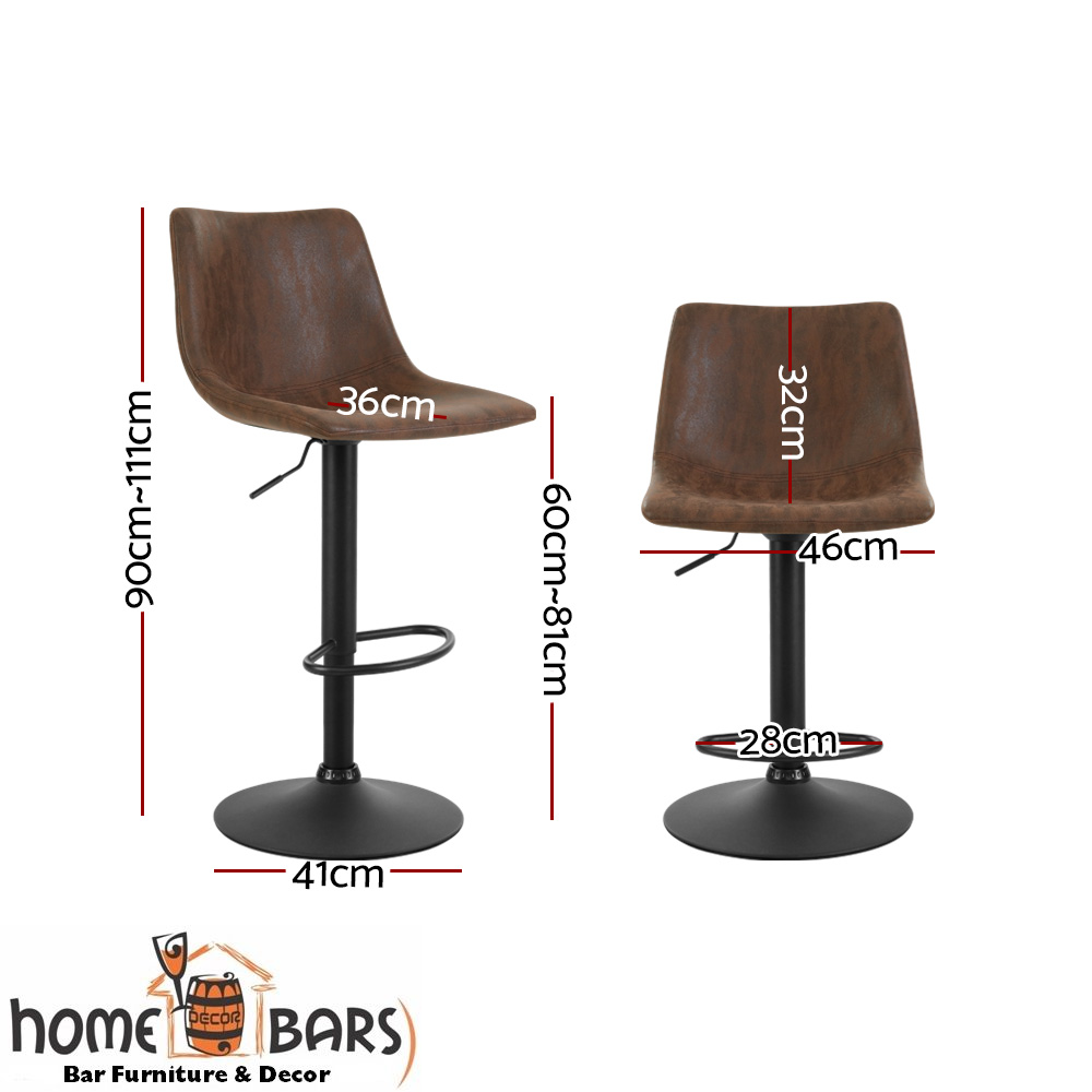 Set of 2 Bar Stools Gas Lift PU Leather- Brown