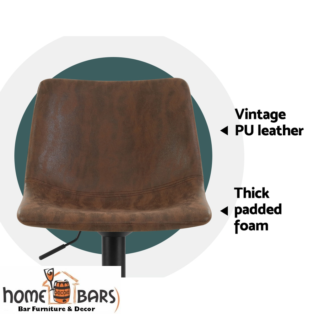 Set of 2 Bar Stools Gas Lift PU Leather- Brown