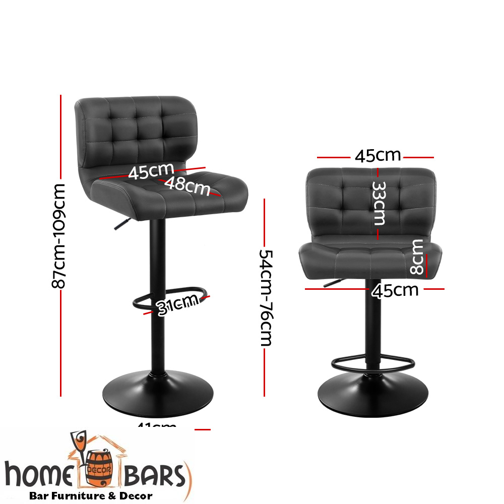 Set of 2 Kitchen Bar Stools Gas Lift Plush PU Leather - Black and Grey