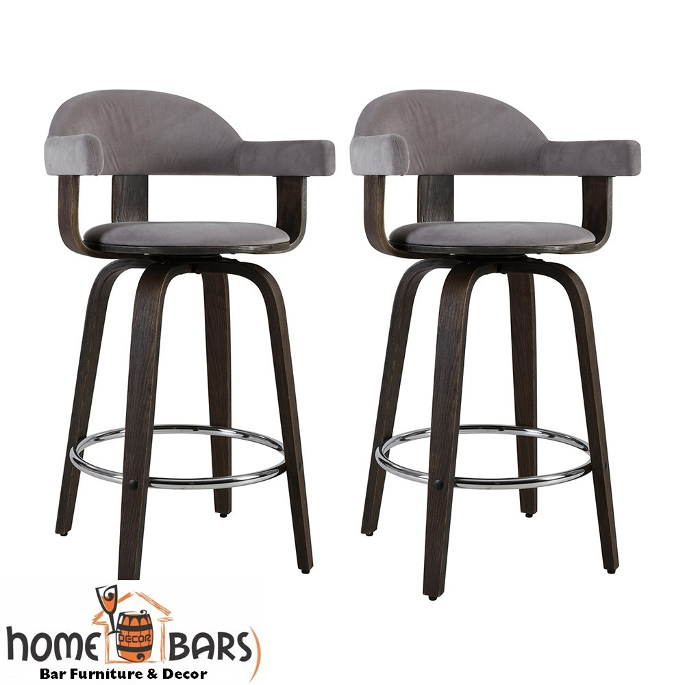 Set of 2 Bar Stools Wooden Swivel Bar Stool Kitchen Dining Chair - Wood, Chrome and Grey