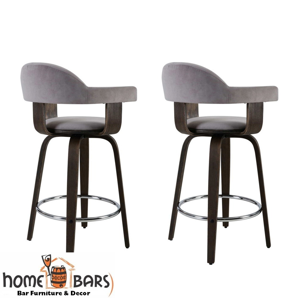 Set of 2 Bar Stools Wooden Swivel Bar Stool Kitchen Dining Chair - Wood, Chrome and Grey