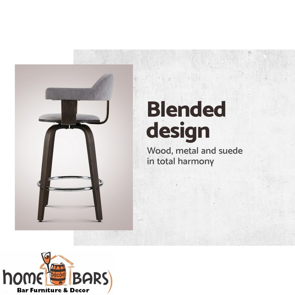 Set of 2 Bar Stools Wooden Swivel Bar Stool Kitchen Dining Chair - Wood, Chrome and Grey
